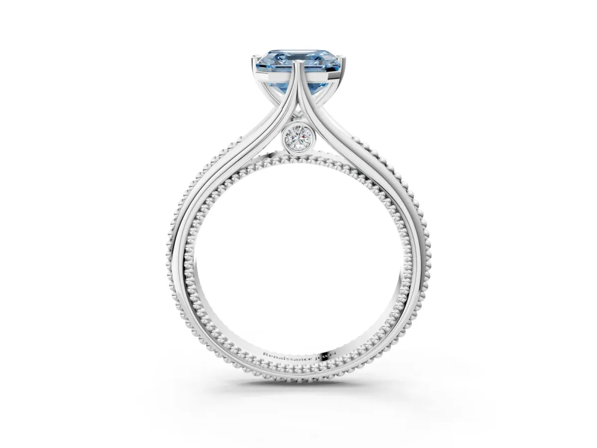 Fancy Blue Asscher Cut Solitaire Beaded Band Six-Prong Setting Platinum