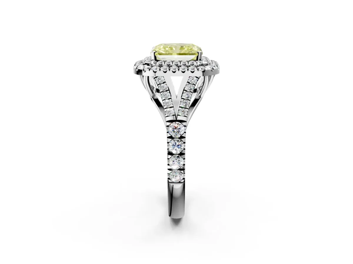 Fancy Yellow Radiant Cut Diamond Pavé Split Shank Double Halo Engagement Ring Platinum