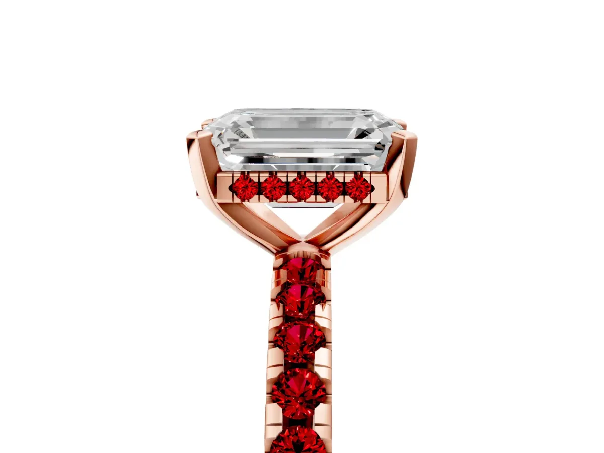 Emerald Cut Diamond Solitaire Ring with Round Ruby Pavé Band and Four-Prong Setting Rose gold