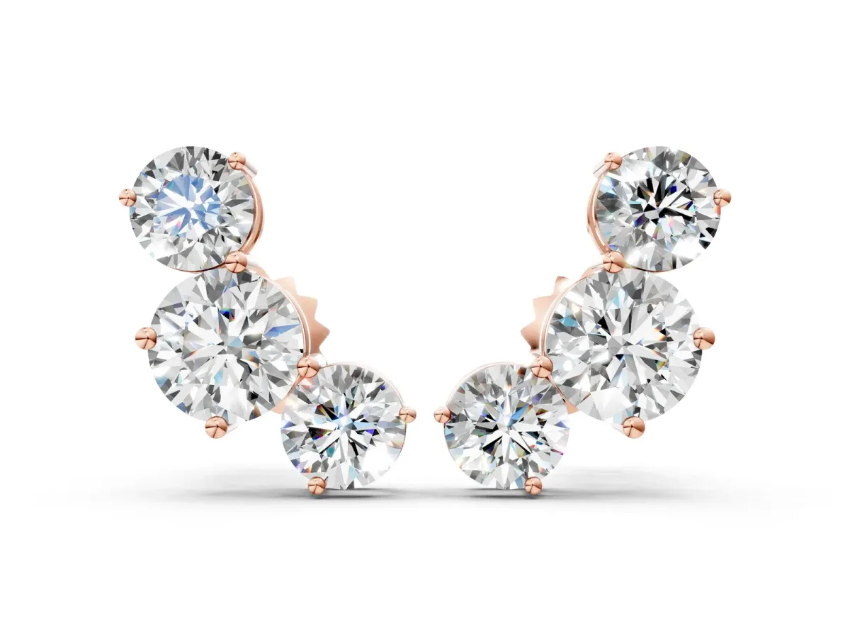 Round Cut Diamond Graduated Three-Stone Stud Earrings Rose gold