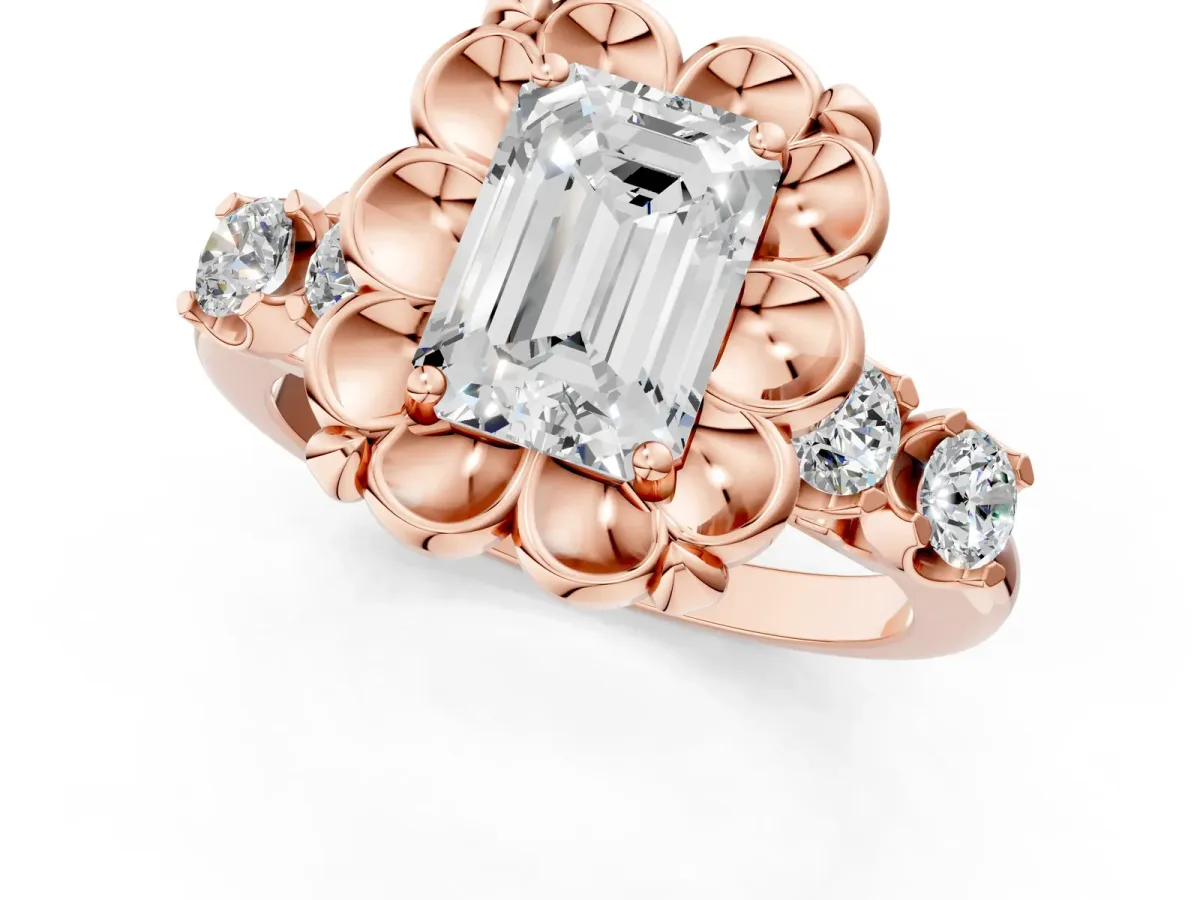 Emerald Cut Cut Diamond Floral Halo Engagement Ring with Shared Prong Setting Rose gold