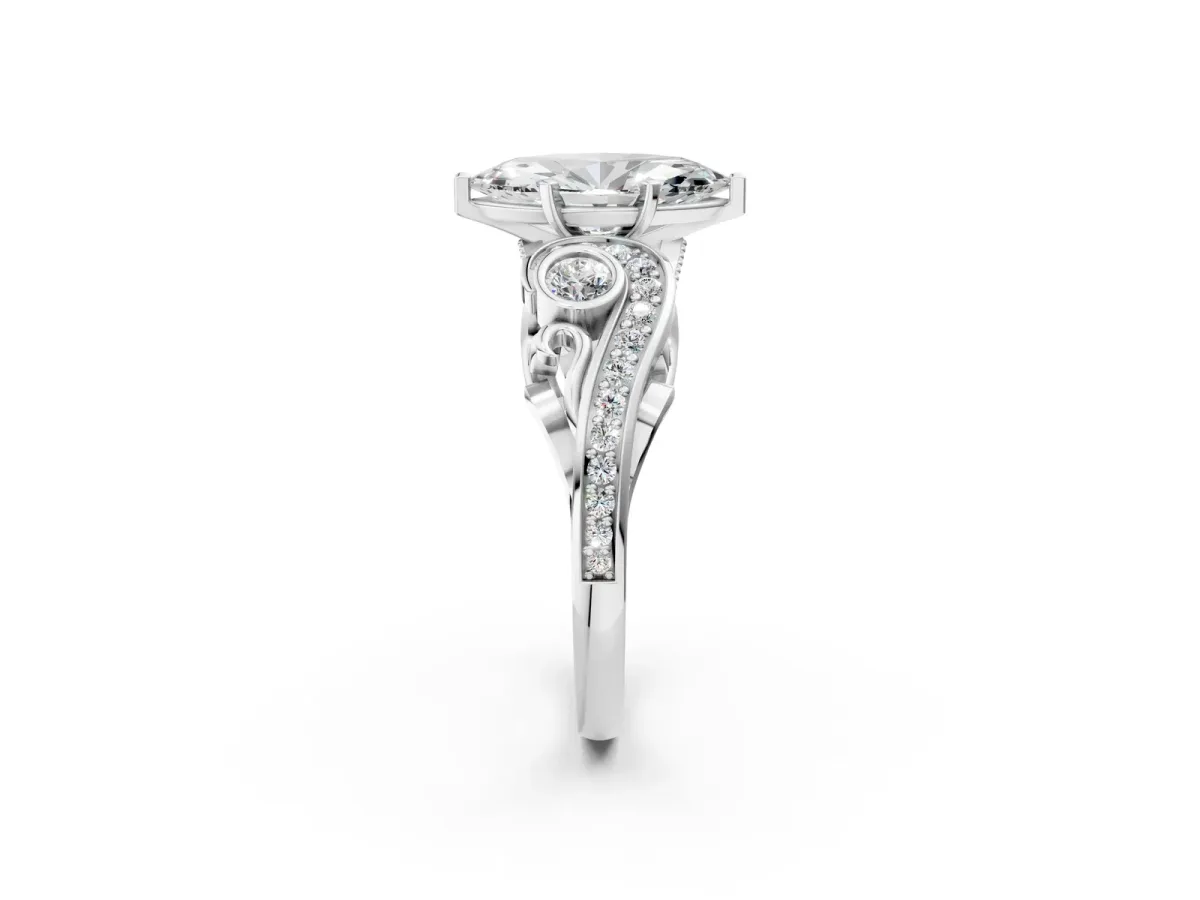 Marquise Cut Diamond Solitaire Ring with Milgrain Pavé Band and Four-Prong Setting Silver