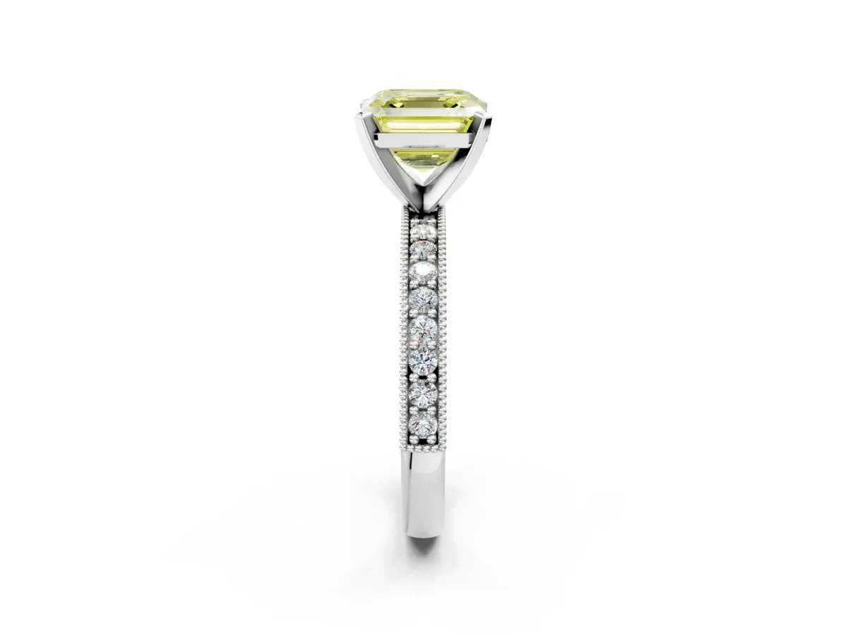 Fancy Yellow Asscher Cut Diamond Milgrain Pavé Engagement Ring with Four-Prong Setting Platinum