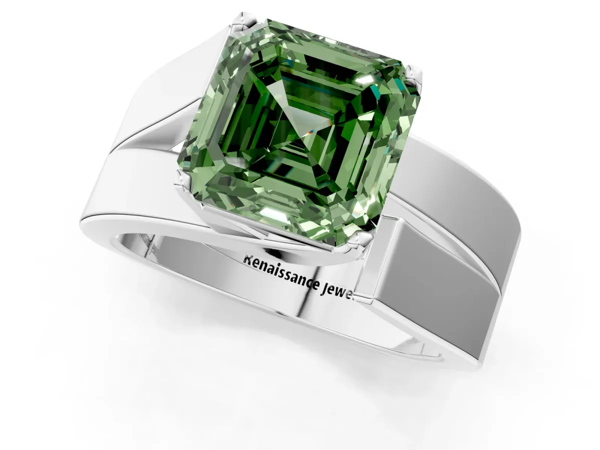 Fancy Green Modern Tension Set Asscher Cut Diamond Solitaire Wide Band Ring Silver