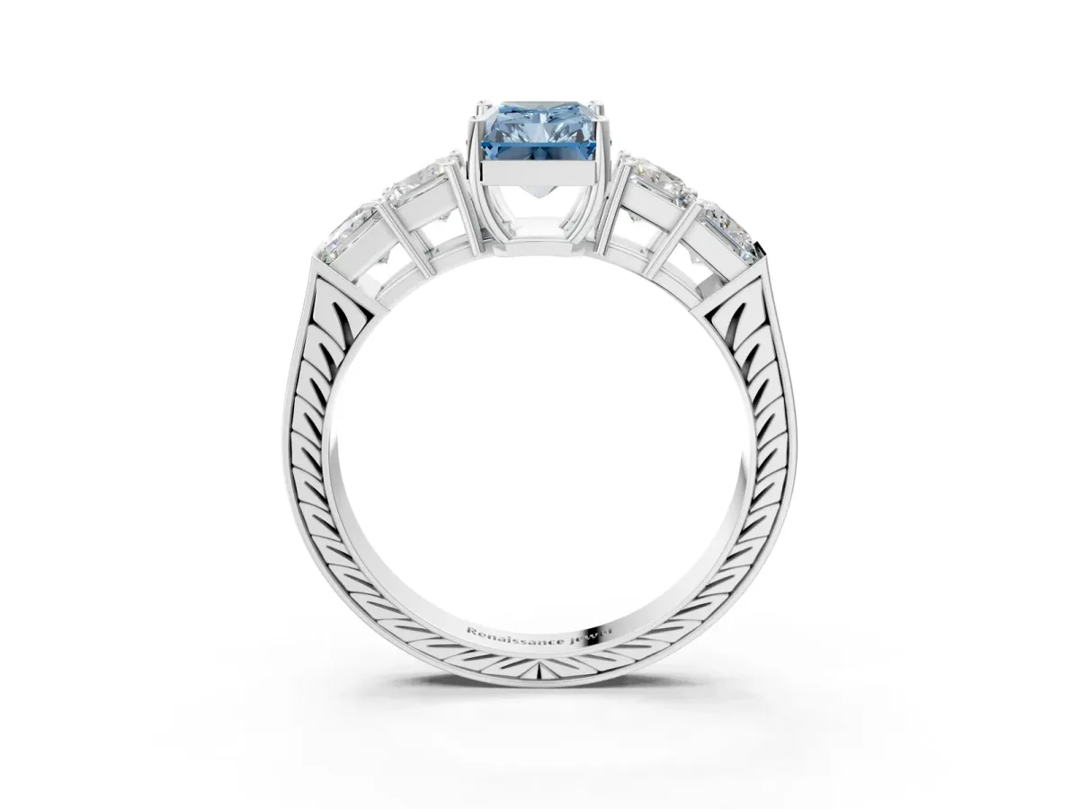 Fancy Blue Radiant Cut Solitaire Princess Side Stone Engraved Band Prong Setting Ring Platinum