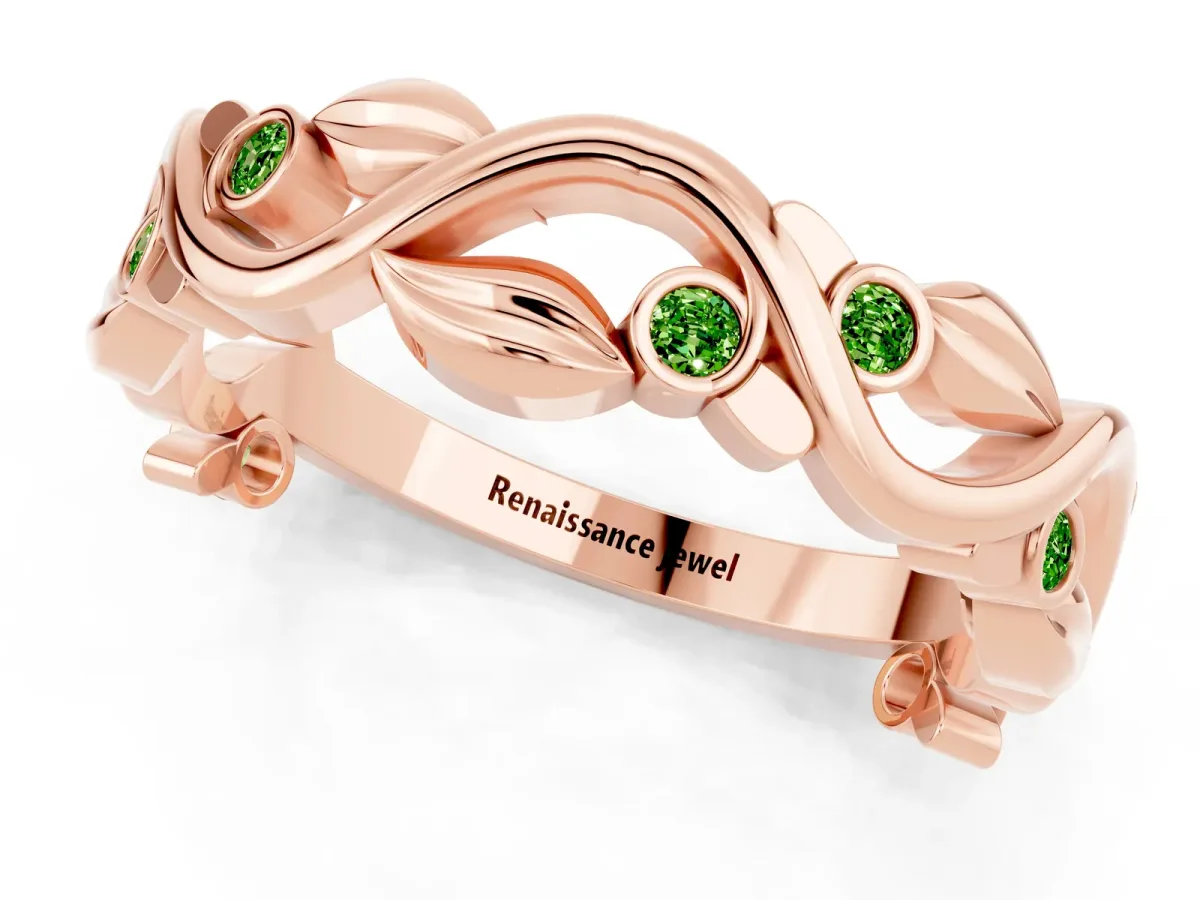Round Peridot Leaf Eternity Band with Bezel Setting Rose gold