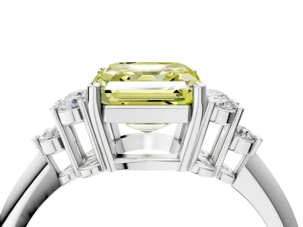 Fancy Yellow Asscher Cut Cut Diamond Cluster Ring with Solitaire Band and Four-Prong Setting Platinum