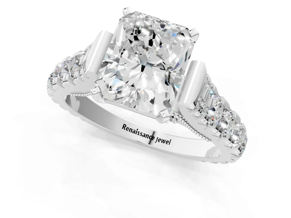 Radiant Cut Diamond Classic Solitaire Ring with Pavé Band and Four-Prong Setting Silver