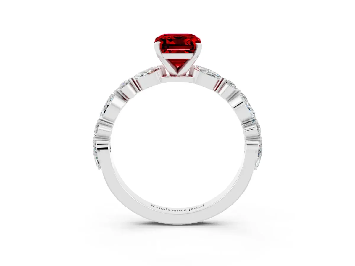 Emerald Cut Ruby Ring with Marquise and Round Side Stones and Four-Prong Setting Platinum