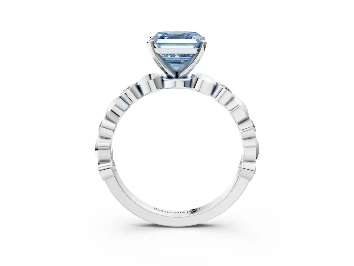 Fancy Blue Asscher Cut Solitaire Bezel-Set Diamond Ring with Beaded Band and Four-Prong Setting Platinum