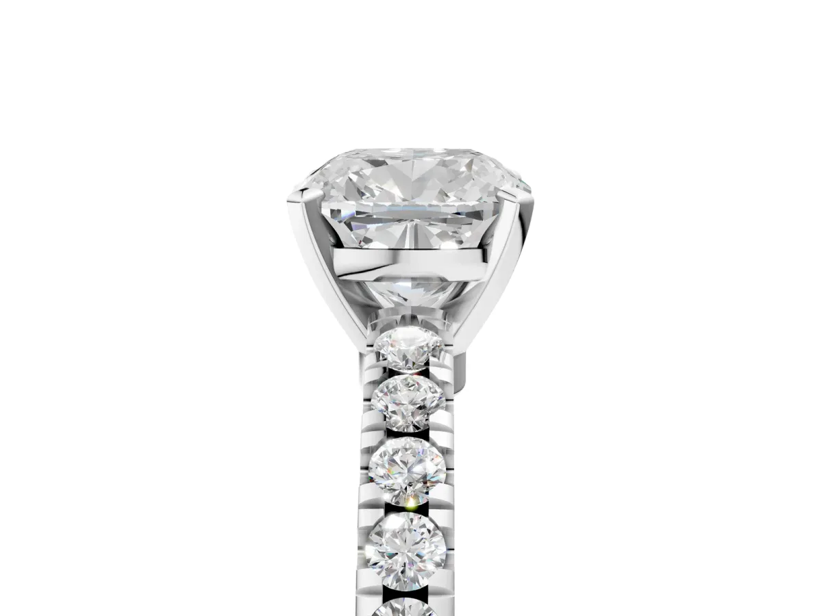 Cushion Cut Solitaire Diamond with Pavé Band and Four-Prong Setting Silver