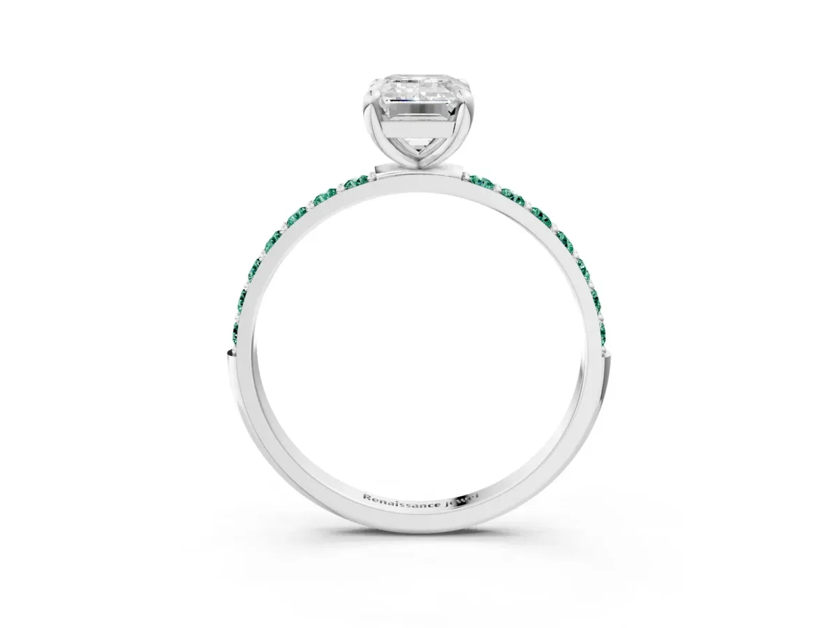Emerald Cut Diamond Solitaire Ring with Round Green Sapphire Pavé Band and Prong Setting Silver