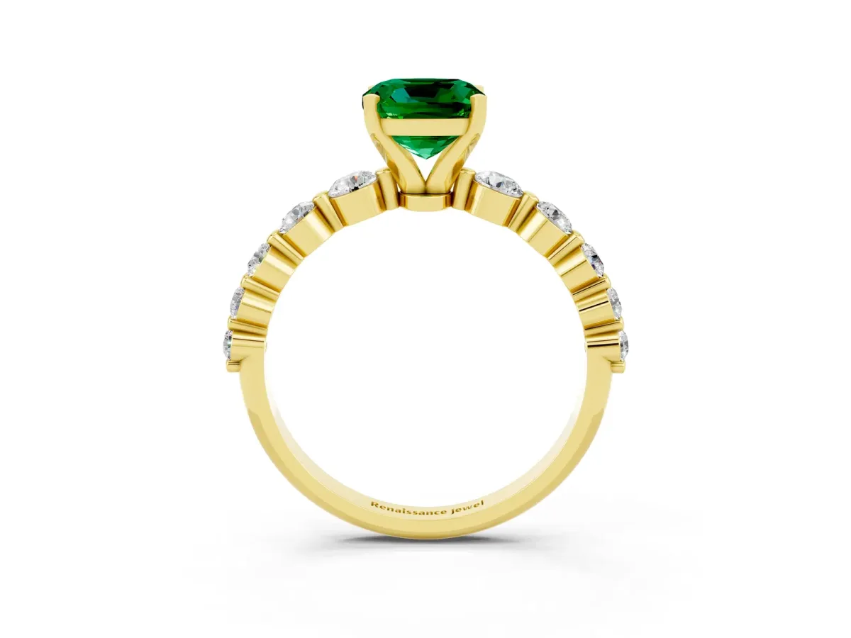 Cushion Cut Solitaire Emerald Ring with Pave Band and Four-Prong Setting Yellow gold