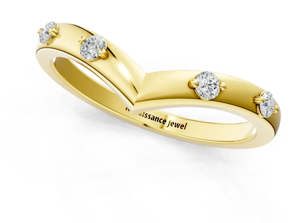 Diamond Chevron Band with Round Stones and Prong Setting Yellow gold