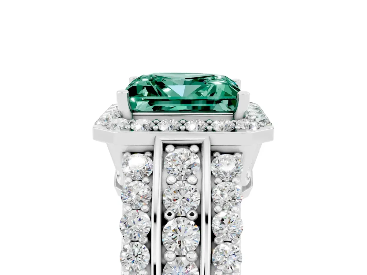 Princess Cut Halo Green Sapphire Ring with Round Split Shank and Prong Setting Silver