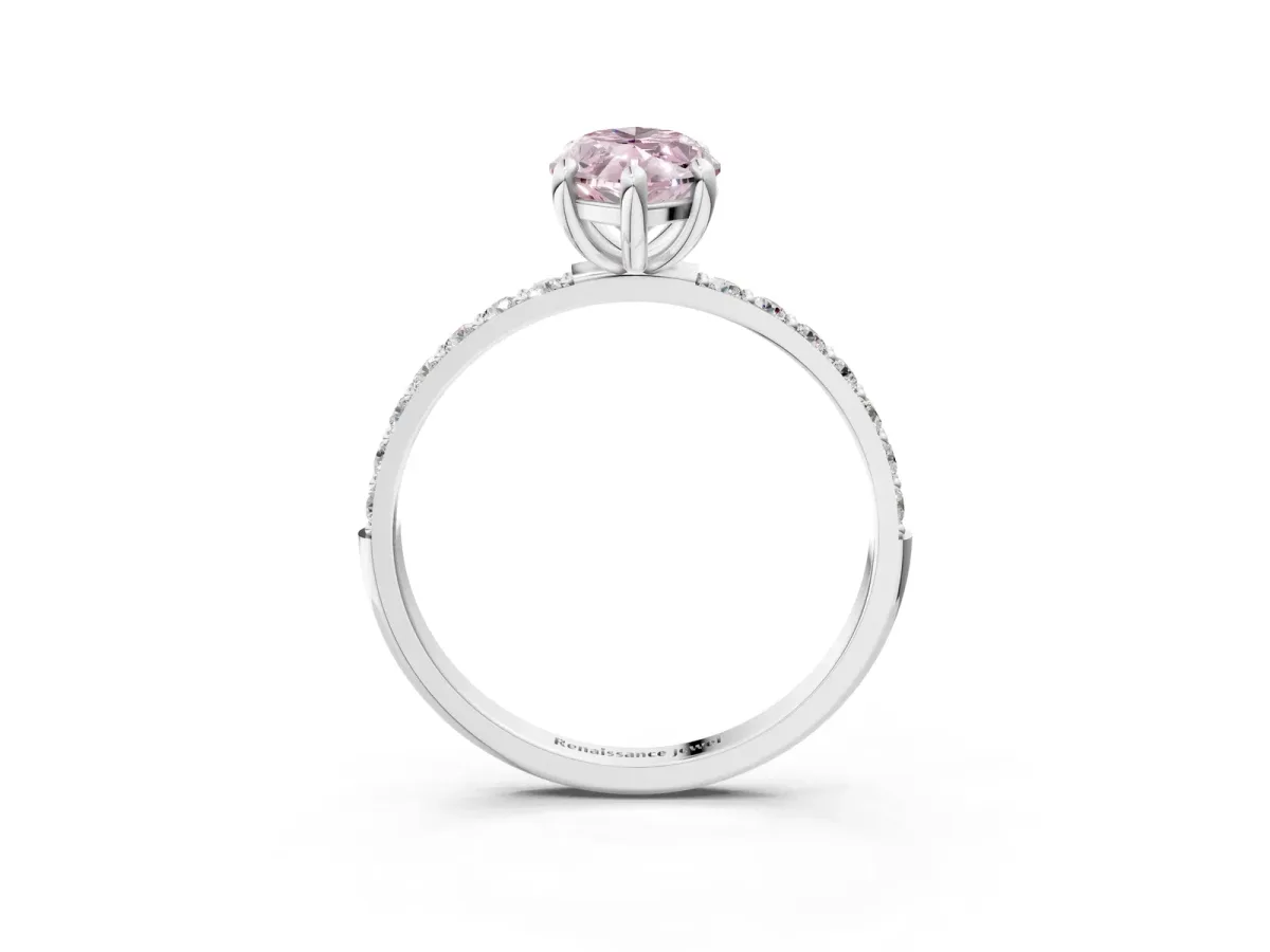 Fancy Pink Marquise Cut Diamond Solitaire Ring with Round Pavé Band and Prong Setting Silver