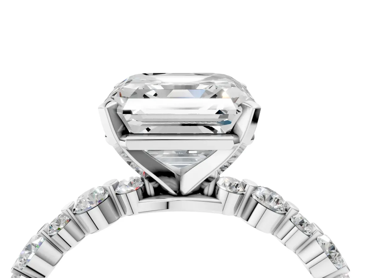 Asscher Cut Diamond Prong Set Engagement Ring with Pavé Band Platinum