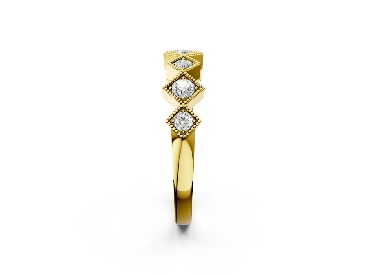 Milgrain Square Bezel Round Diamond Chevron Band Yellow gold