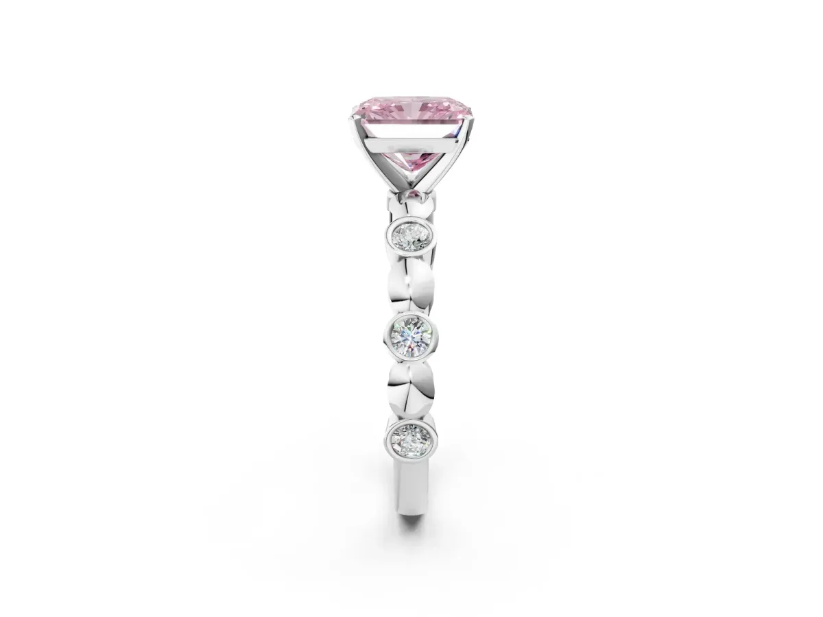 Fancy Pink Radiant Cut Solitaire Bezel-Set Diamond Ring with Beaded Band and Four-Prong Setting Platinum
