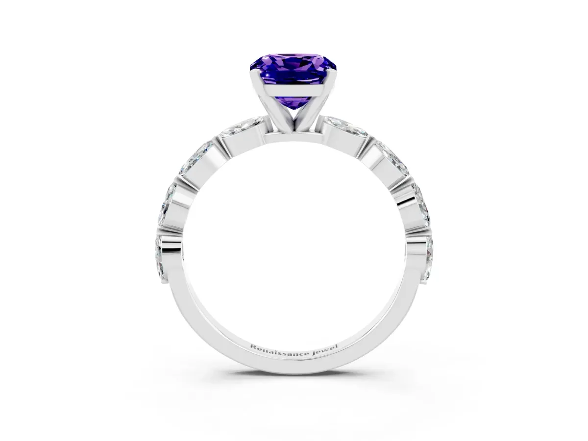 Cushion Cut Tanzanite Ring with Marquise Side Stones and Prong Setting Platinum