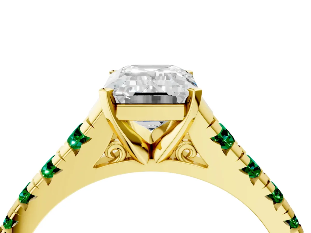 Emerald Cut Diamond Cathedral Solitaire Ring with Round Emerald Pavé Band Yellow gold