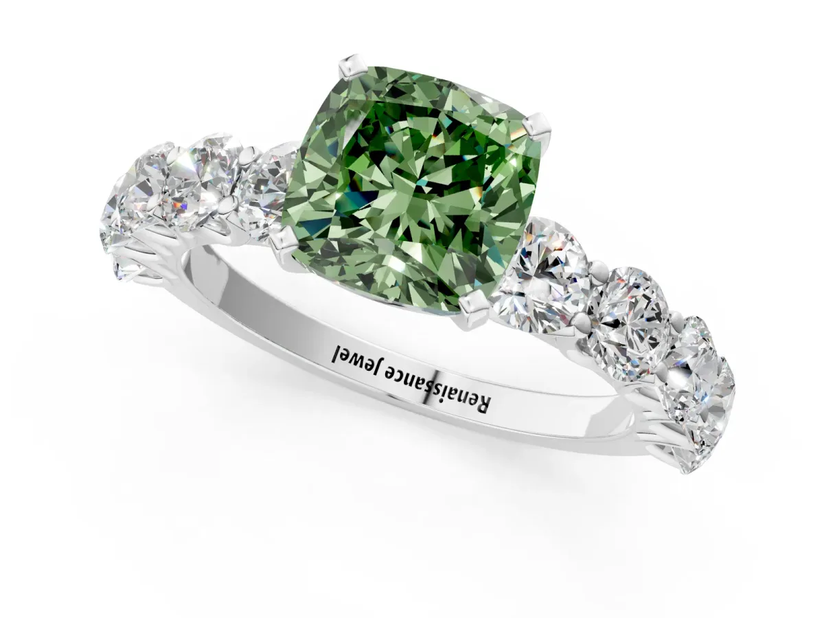 Fancy Green Cushion Cut Diamond Prong Setting with Side Stones on a Pave Band Silver