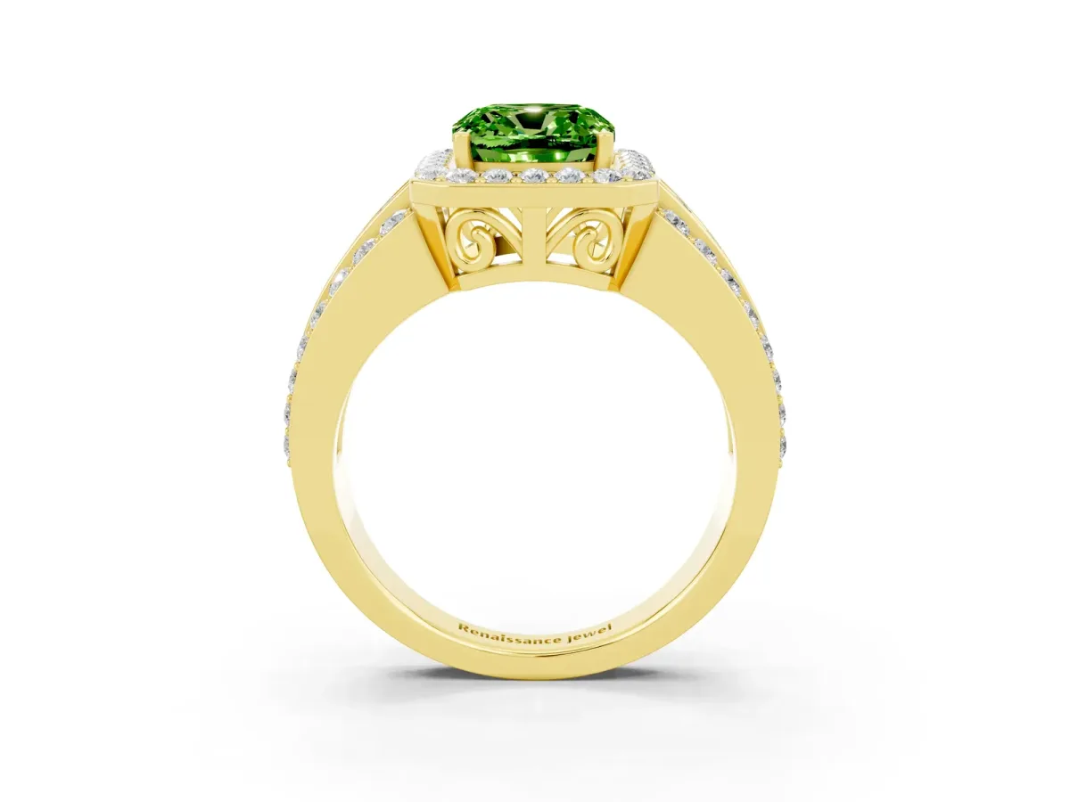 Cushion Cut Halo Peridot Ring with Round Split Shank and Prong Setting Yellow gold