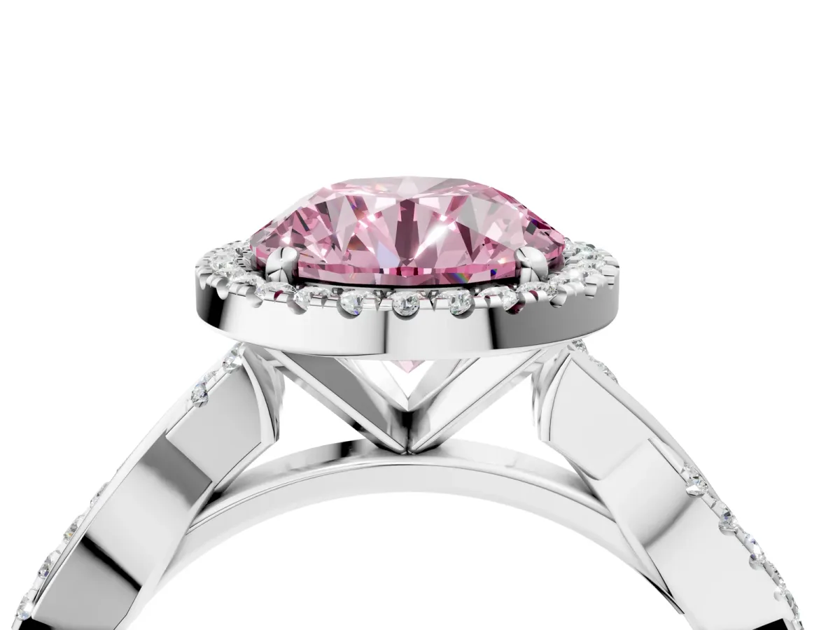 Fancy Pink Round Cut Cut Halo Twisted Band Four-Prong Ring Platinum