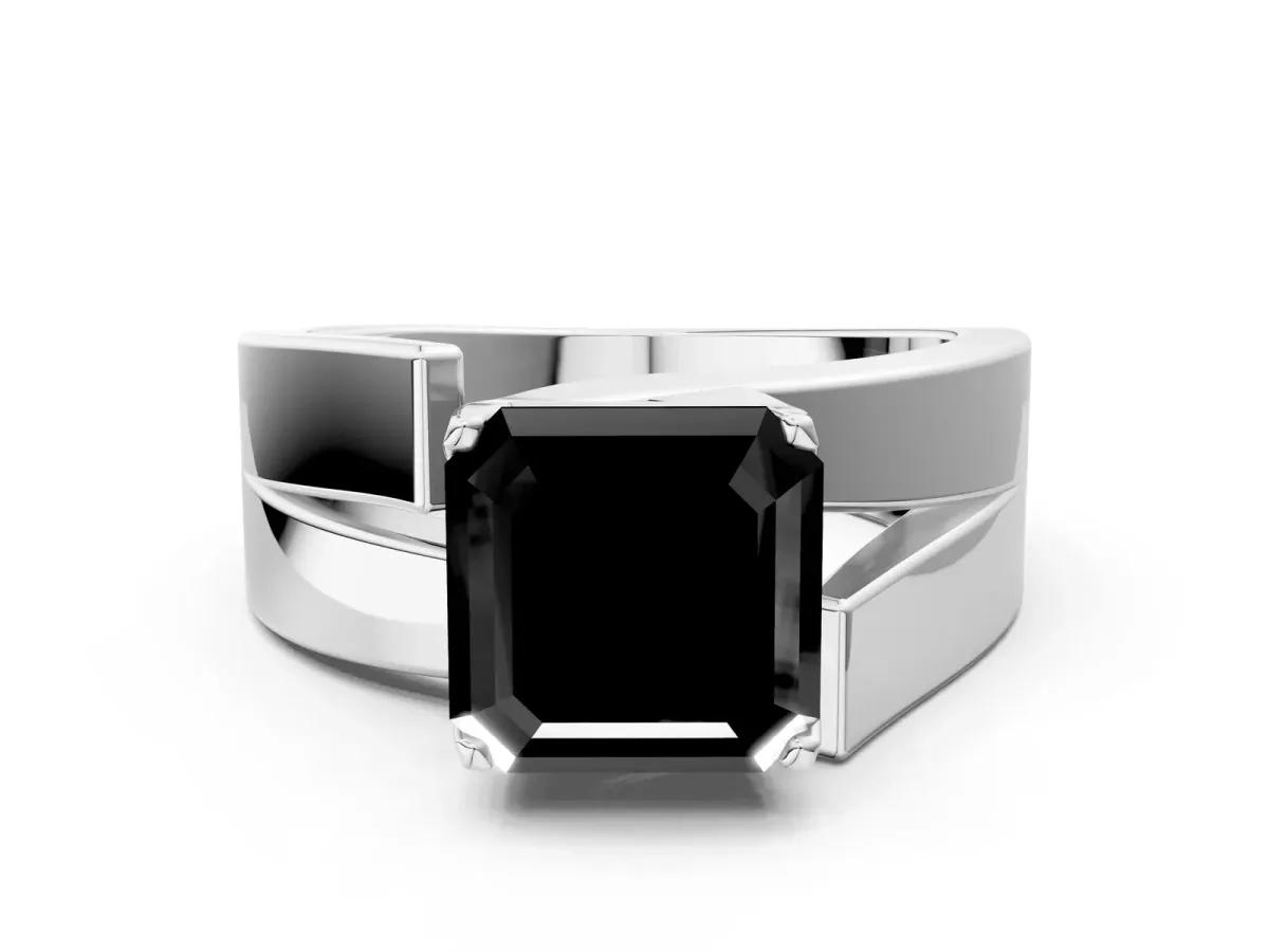 Fancy Black Modern Tension Set Asscher Cut Diamond Solitaire Wide Band Ring Silver