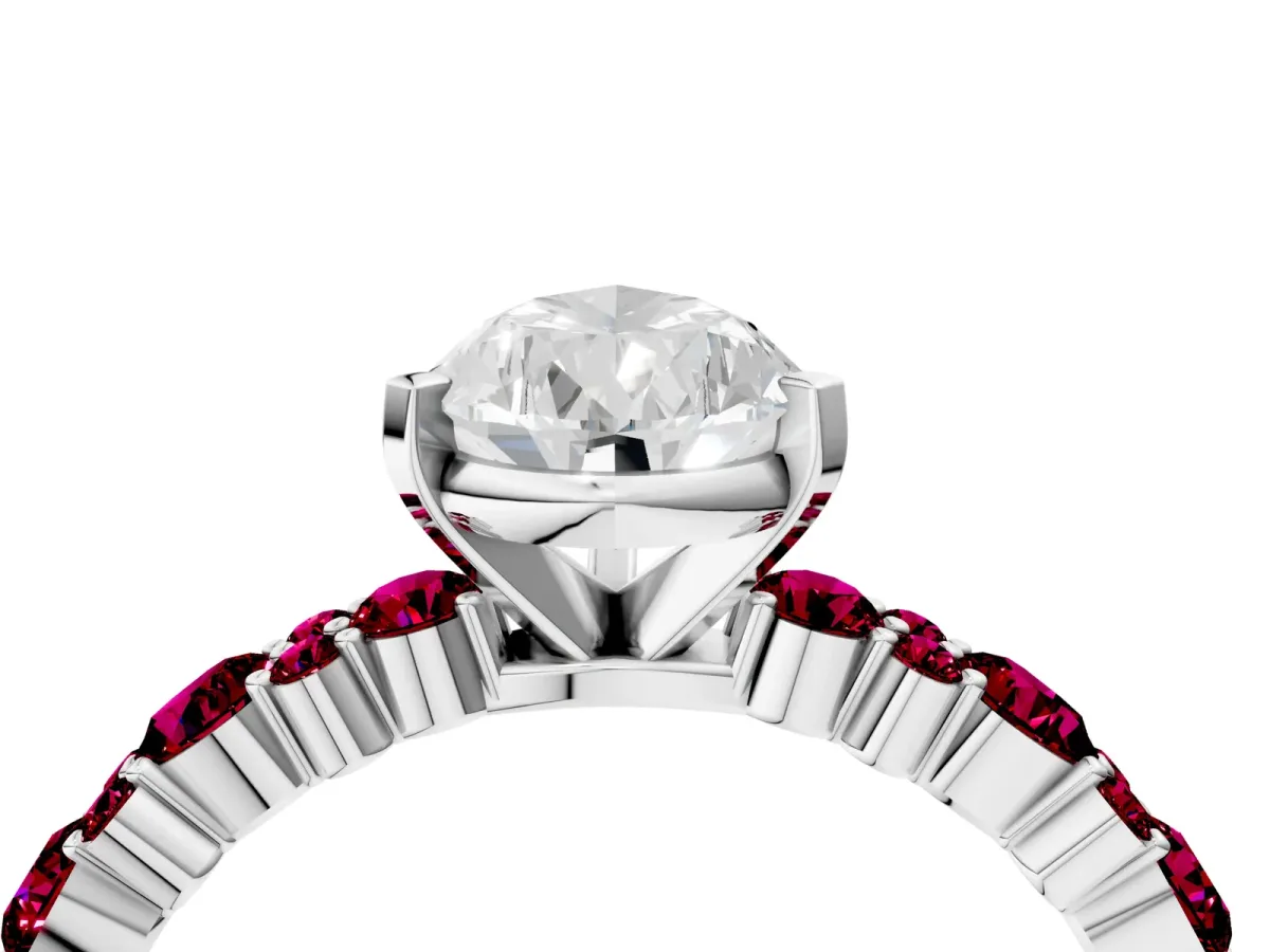 Pear Cut Diamond Side Stone Solitaire Ring with Round Garnet and Four-Prong Setting White gold
