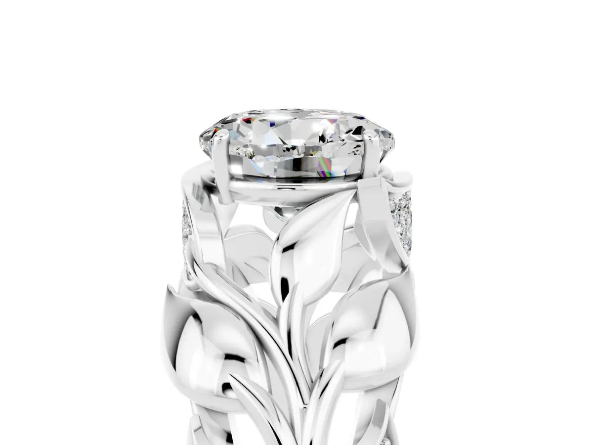 Round Cut Moissanite Leaf-Inspired Engagement Ring with Round Accents and Prong Setting Silver