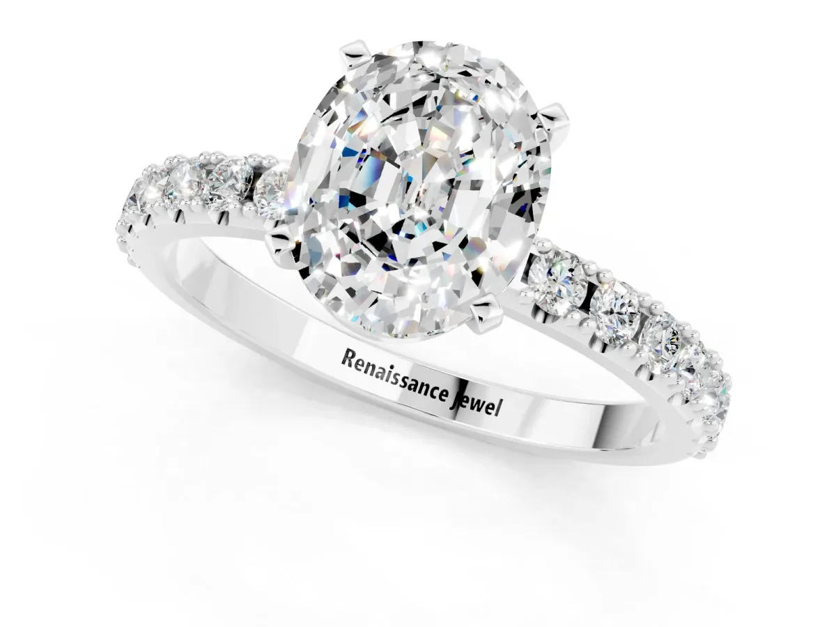 Oval Cut Moissanite Solitaire Pavé Band with Four-Prong Setting Platinum