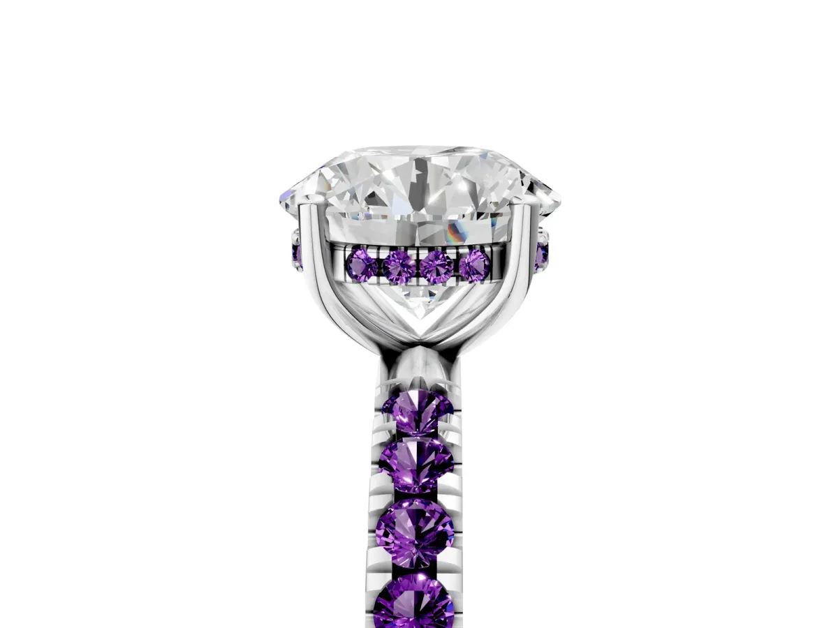 Round Cut Diamond Pave Band Solitaire Ring with Round Amethyst and Prong Setting Platinum