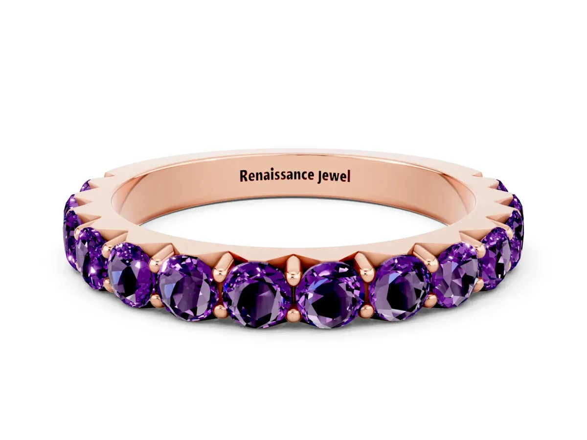 Round Amethyst Half Eternity Band with Classic Prong Setting Rose gold