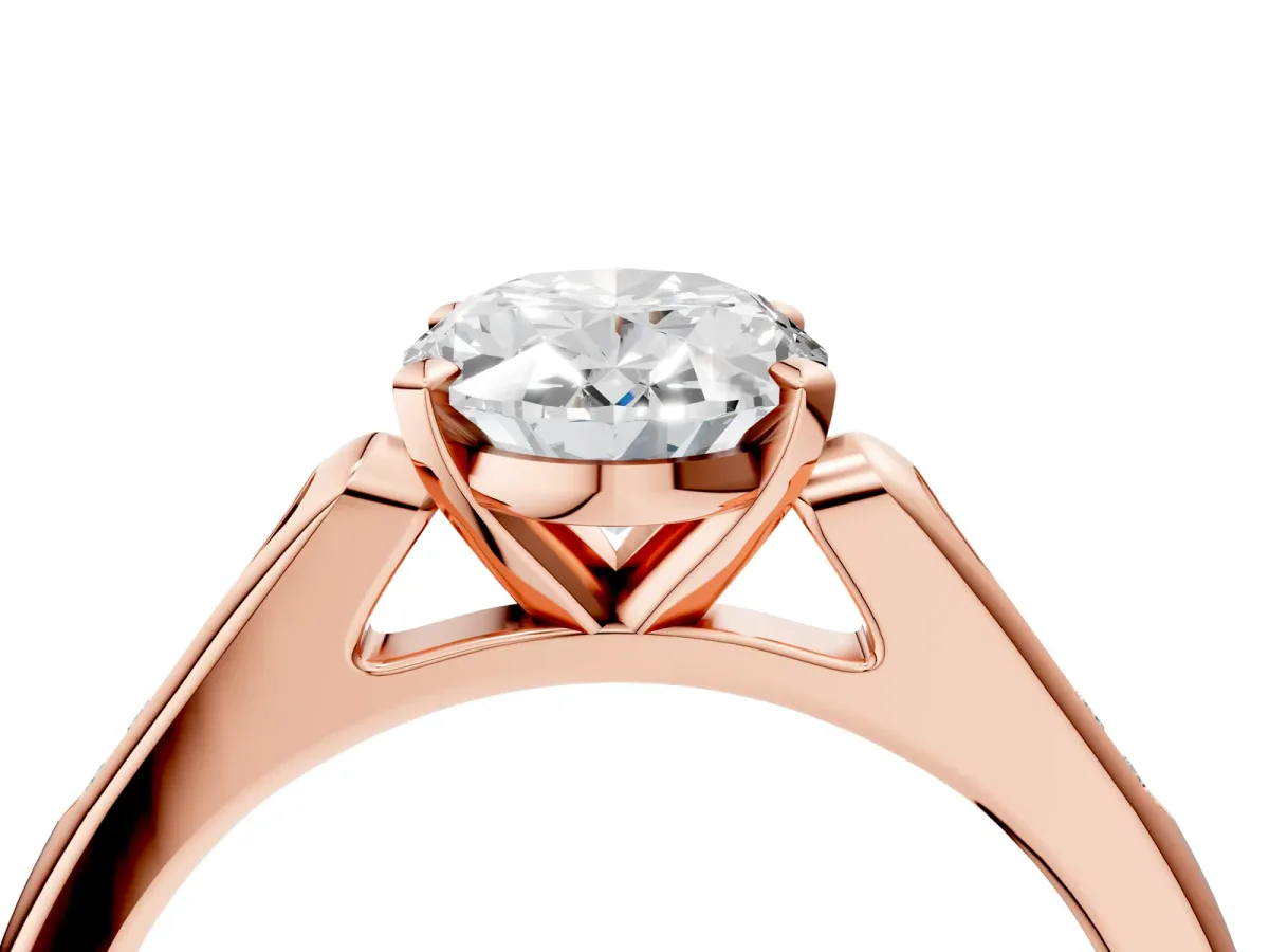 Oval Cut Diamond Solitaire Ring with Channel Set Round Band and Prong Setting Rose gold