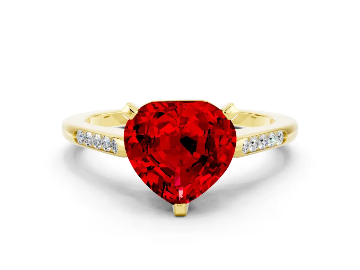 Heart Cut Ruby Solitaire Ring with Channel Set Round Band and Prong Setting Yellow gold