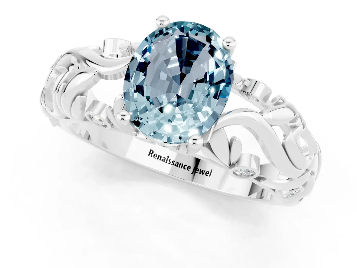 Oval Cut Solitaire Aquamarine Leaf-Inspired Vine Band Ring with Prong Setting White gold