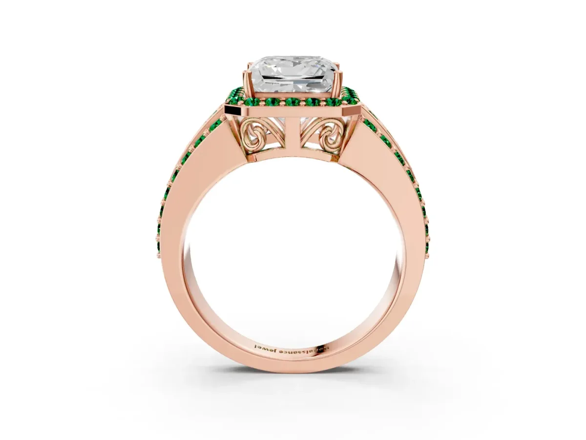 Princess Cut Halo Diamond Ring with Round Emerald Split Shank and Prong Setting Rose gold