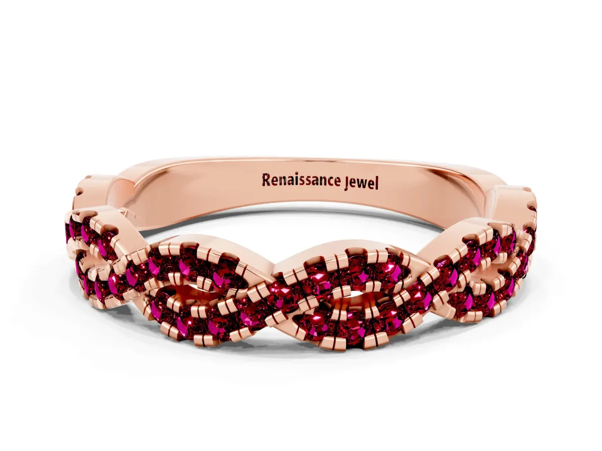 Round Garnet Twisted Eternity Band with Pavé and Shared Prong Setting Rose gold