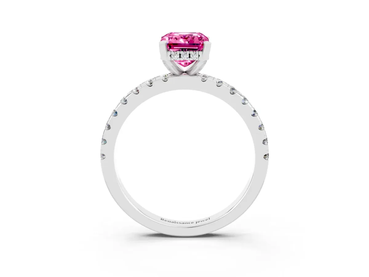 Emerald Cut Pink Sapphire Solitaire Ring with Round Pavé Band and Four-Prong Setting Silver