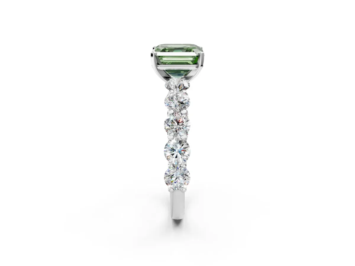 Fancy Green Asscher Cut Diamond Prong Setting with Side Stones on a Pave Band Silver