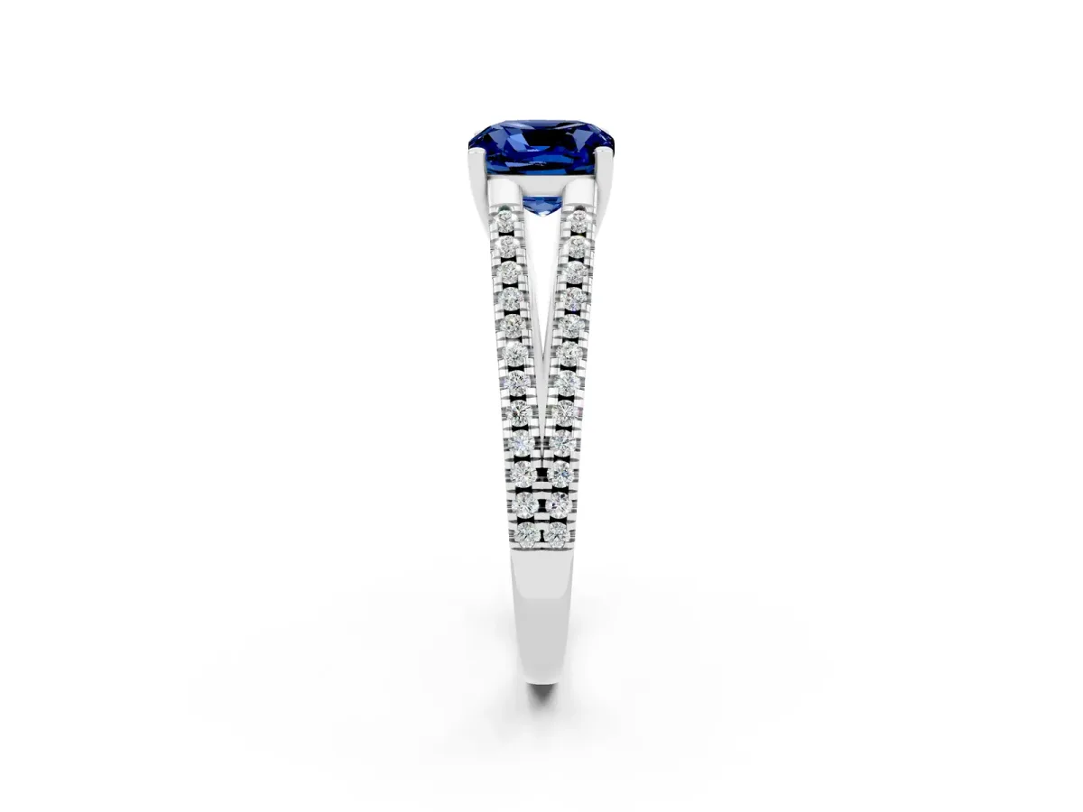 Cushion Cut Blue Sapphire Solitaire Engagement Ring with Split Shank Pavé Band Silver