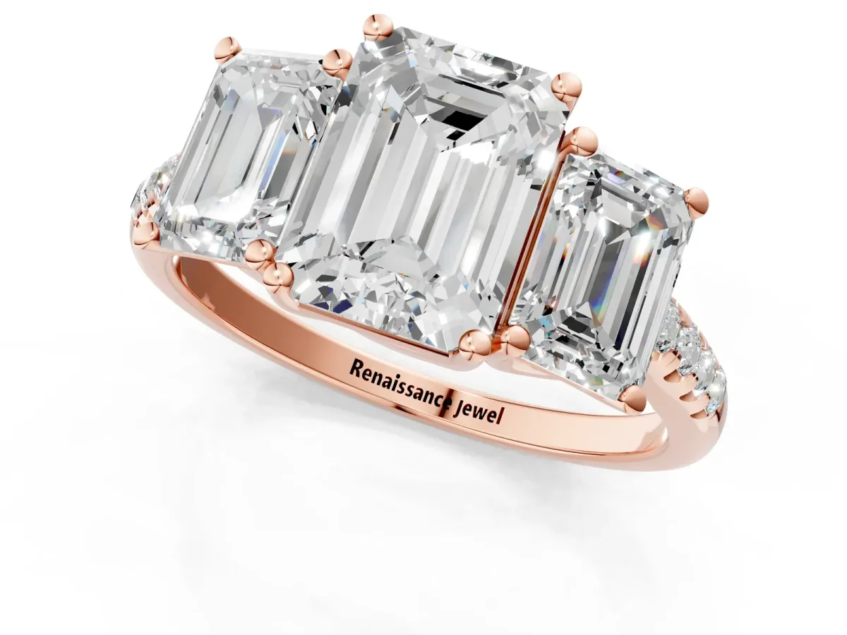 Three-Stone Emerald Cut Diamond Ring with Round Pavé Band and Prong Setting Rose gold
