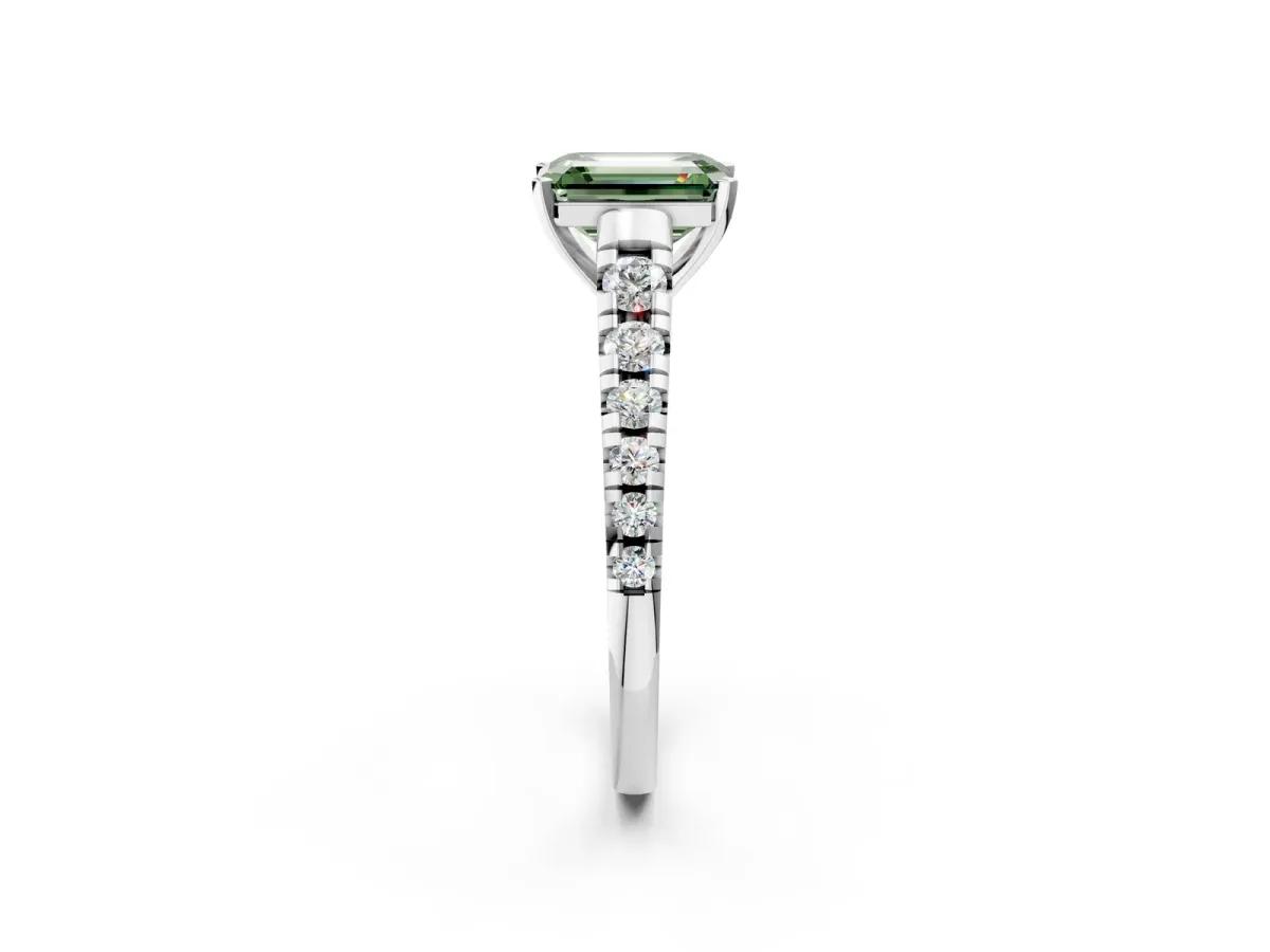 Fancy Green Emerald Cut Diamond Cathedral Solitaire Ring with Round Pavé Band Silver
