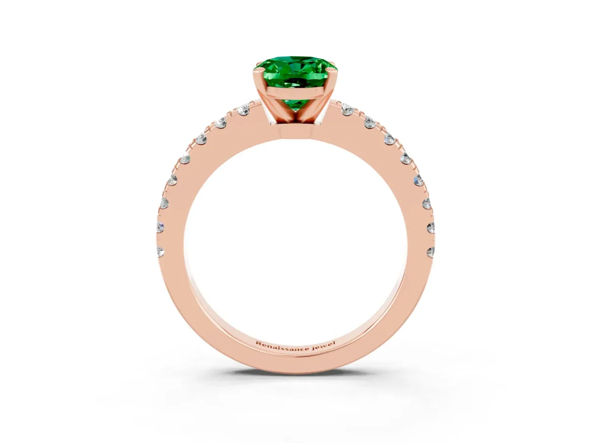Oval Cut Solitaire Emerald with Pavé Band and Four-Prong Setting Rose gold