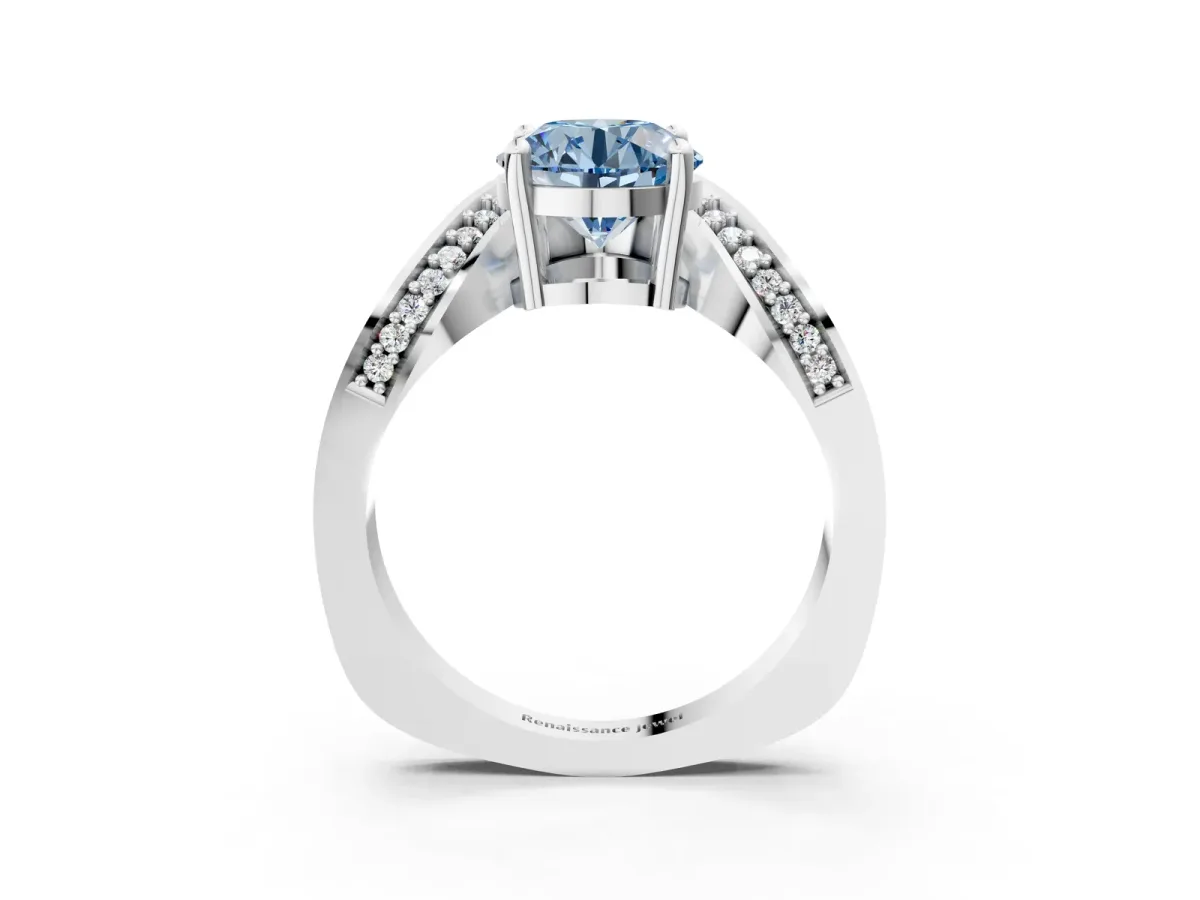 Fancy Blue Round Cut Solitaire Diamond Engagement Ring with Pave Band and Four-Prong Setting Platinum