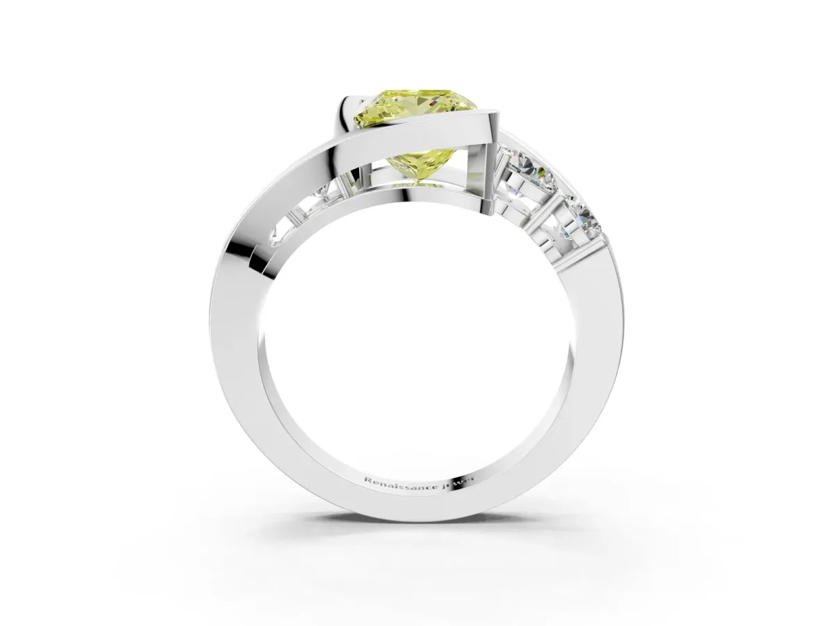 Fancy Yellow Bezel Set Princess Cut Diamond Bypass Ring with Round Accents Platinum