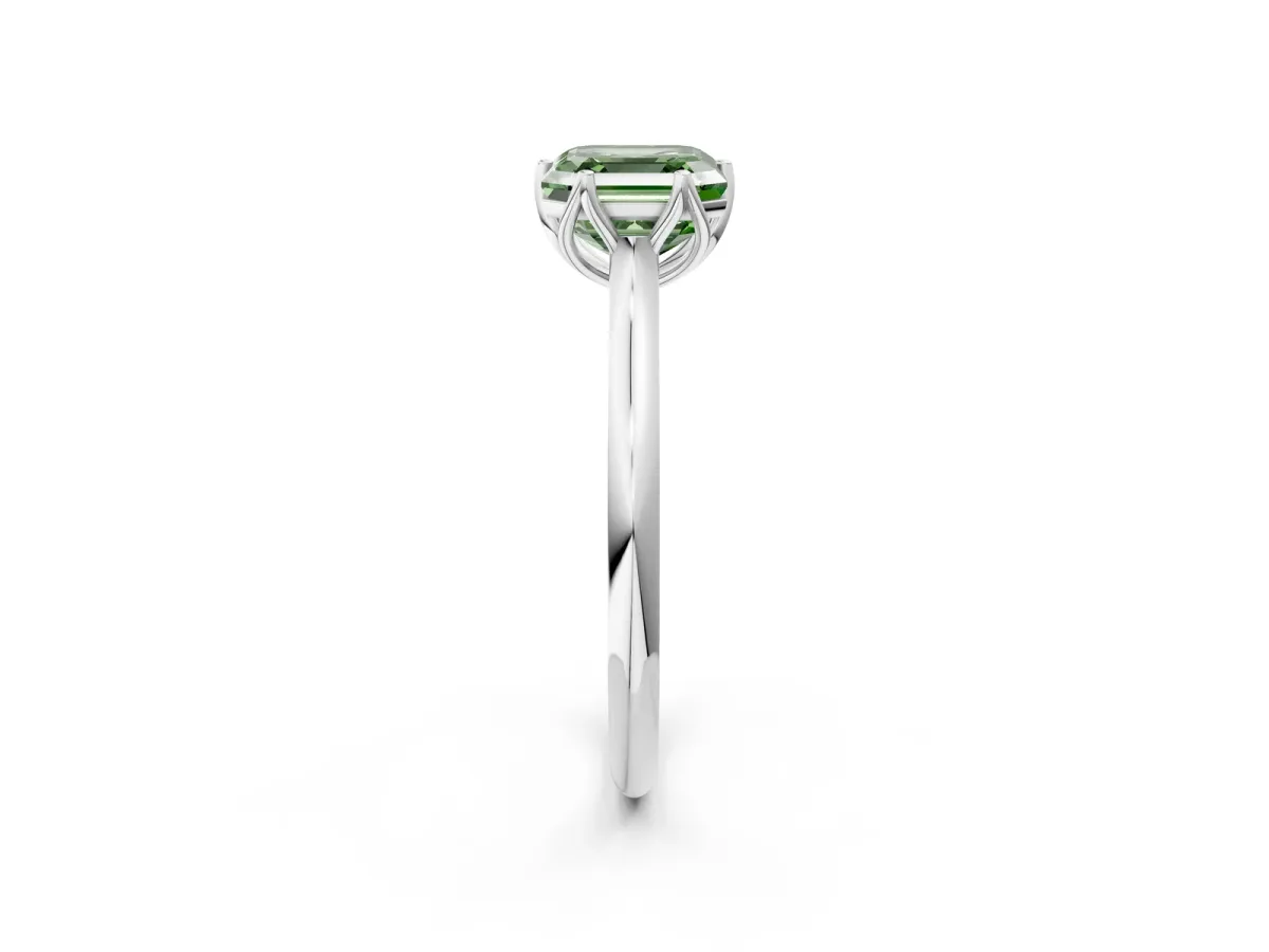 Fancy Green Asscher Cut Solitaire Cathedral Diamond Ring with Six-Prong Setting Platinum