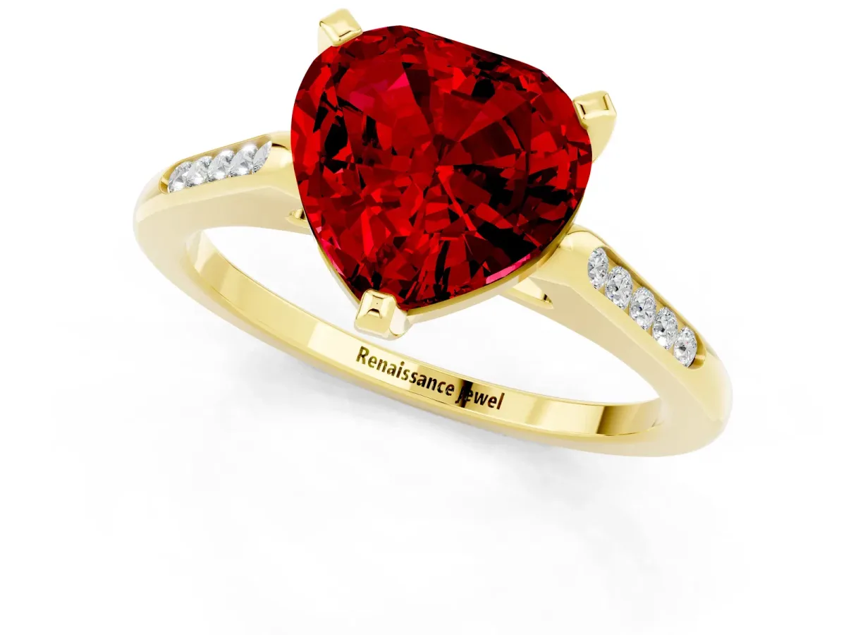 Heart Cut Ruby Solitaire Ring with Channel Set Round Band and Prong Setting Yellow gold