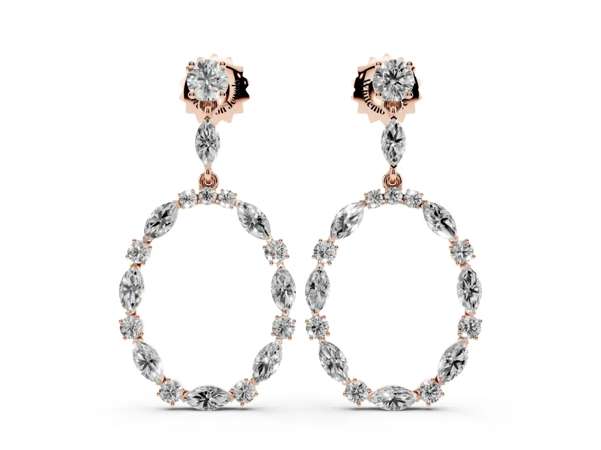 Round and Marquise Diamond Open Oval Drop Earrings Rose gold